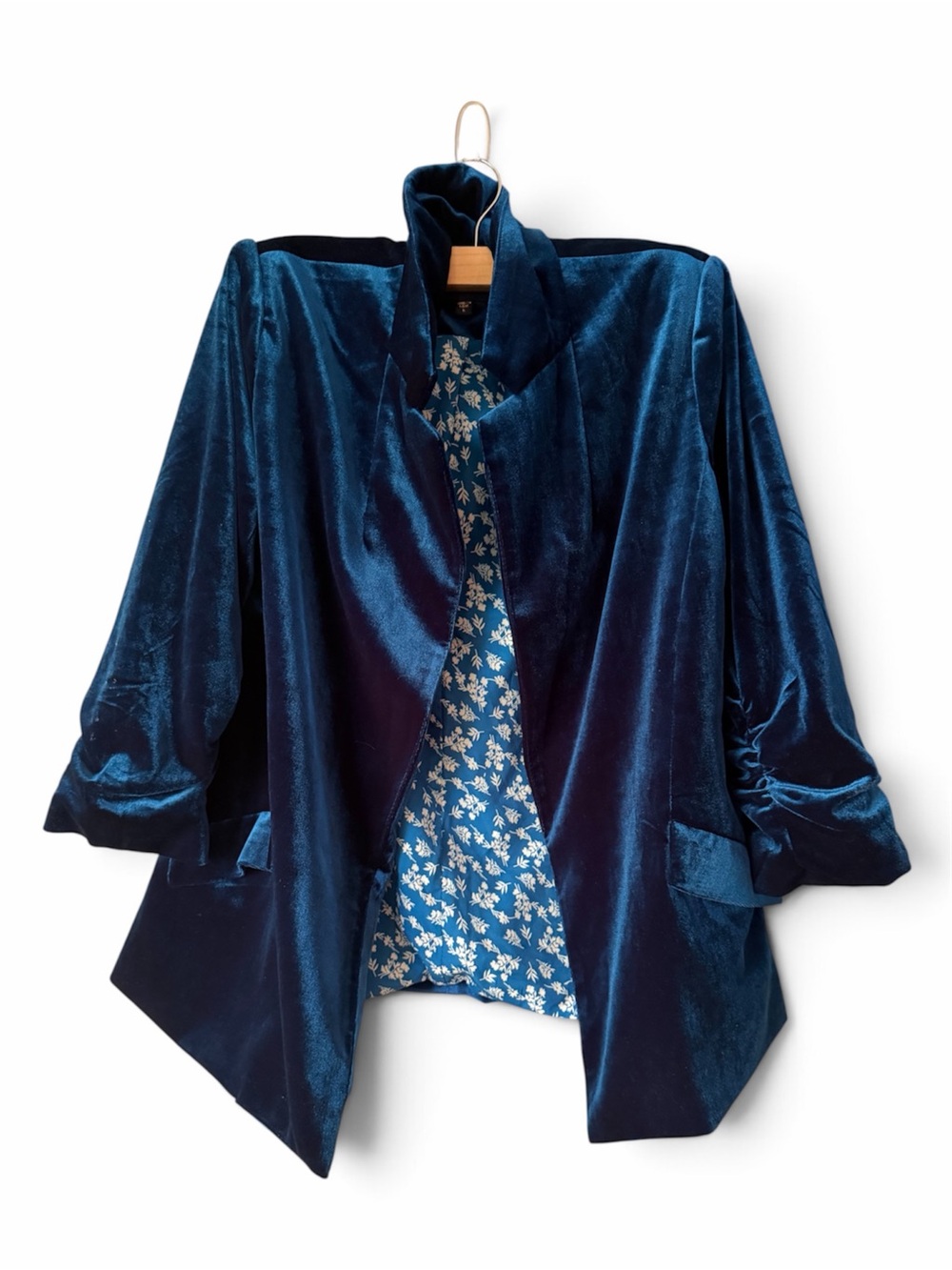 Skies Are Blue Ruched Sleeve Velvet Blazer teal blue lined S EUC preppy
